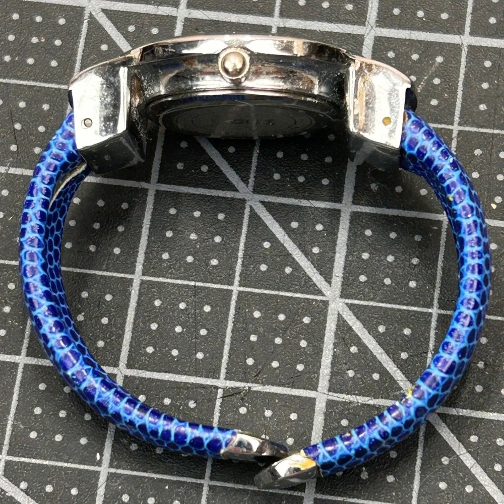 Cannes BG-1241 Womens Watch Blue Faux‎ Snakeskin Cuff Bangle Silver Tone